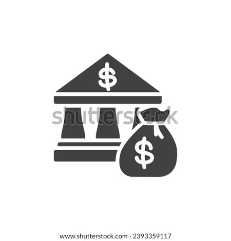 Bank building and money bag vector icon. filled flat sign for mobile concept and web design. Treasury department glyph icon. Symbol, logo illustration. Vector graphics