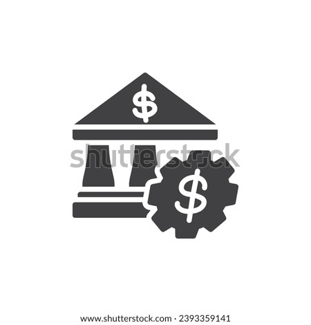 Bank building and money gear vector icon. filled flat sign for mobile concept and web design. Financial Technology glyph icon. Fintech symbol, logo illustration. Vector graphics