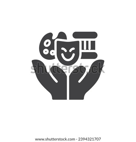 Travel Cultural Experience vector icon. filled flat sign for mobile concept and web design. Hands with theatre mask and color palette glyph icon. Symbol, logo illustration. Vector graphics