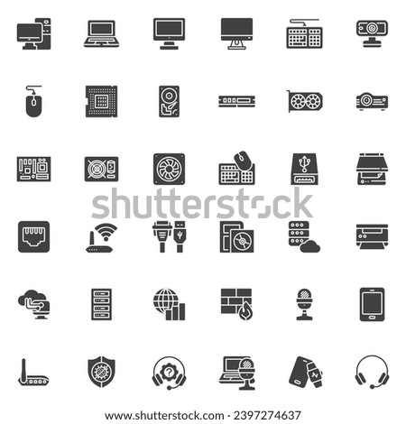 Computer and Hardware vector icons set, modern solid symbol collection, filled style pictogram pack. Signs logo illustration. Set includes icons as cpu processor, power supply, tech gadgets, connector