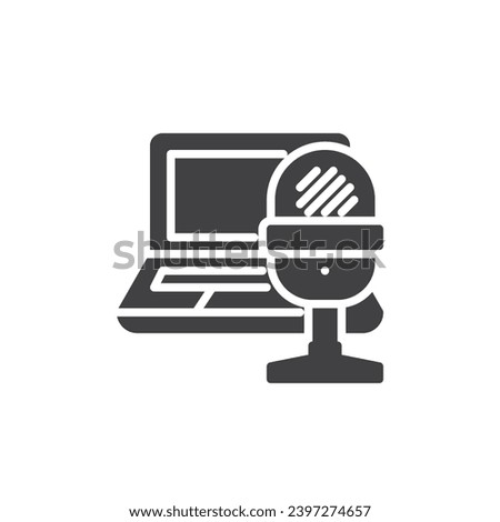 Laptop and microphone vector icon. filled flat sign for mobile concept and web design. Notebook computer mic glyph icon. Tech Gadgets symbol, logo illustration. Vector graphics