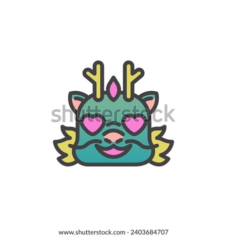 Dragon Face with Hearts Eyes filled outline icon, line vector sign, linear colorful pictogram isolated on white. New Year symbol, logo illustration. Vector graphics