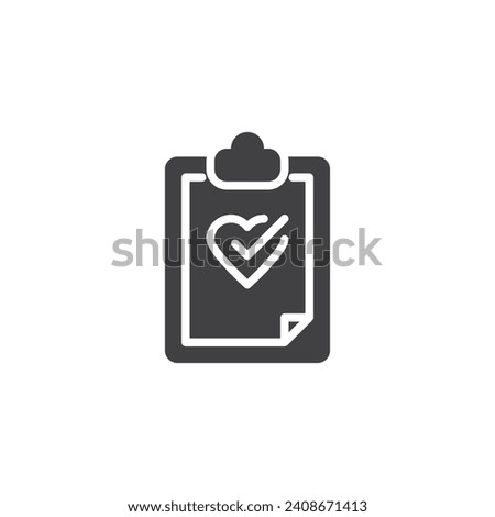 Clipboard with heart and check mark vector icon. filled flat sign for mobile concept and web design. Health checkup glyph icon. Medical care service symbol, logo illustration. Vector graphics