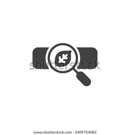 Leaf with magnifier and search bar vector icon. filled flat sign for mobile concept and web design. Organic Search glyph icon. Symbol, logo illustration. Vector graphics