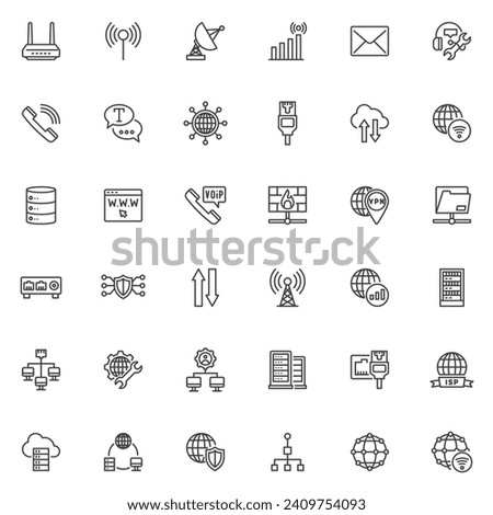 Network and Communications line icons set. linear style symbols collection, outline signs pack. Global Network vector graphics. Set includes icons Wifi Router, Wireless signal connection, sata server
