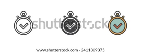 Stopwatch with check mark different style icon set. Line, glyph and filled outline colorful version, outline and filled vector sign. Time management symbol, logo illustration. Vector graphics