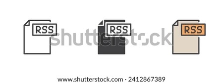 RSS file different style icon set. Line, glyph and filled outline colorful version, outline and filled vector sign. Symbol, logo illustration. Vector graphics