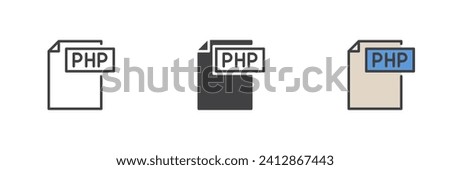 PHP file different style icon set. Line, glyph and filled outline colorful version, outline and filled vector sign. Symbol, logo illustration. Vector graphics