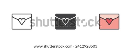 Envelope with heart different style icon set. Line, glyph and filled outline colorful version, outline and filled vector sign. Love message symbol, logo illustration. Vector graphics