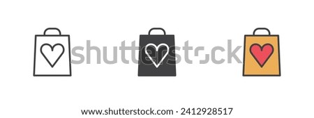 Shopping bag with heart different style icon set. Line, glyph and filled outline colorful version, outline and filled vector sign. Symbol, logo illustration. Vector graphics