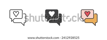Speech bubble with heart different style icon set. Line, glyph and filled outline colorful version, outline and filled vector sign. Love chat message symbol, logo illustration. Vector graphics