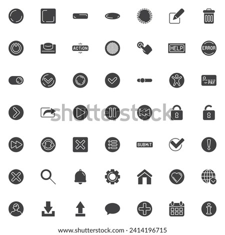 UI buttons vector icons set, modern solid symbol collection, filled style pictogram pack. Signs, logo illustration. Set includes icons as check mark, checkbox, circle, square, play, pause, slide