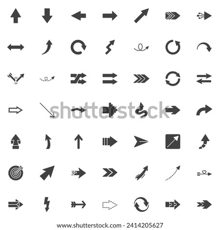 Arrows vector icons set, modern solid symbol collection, filled style pictogram pack. Signs, logo illustration. Set includes icons as arrowhead cursor, left right pointer, up down direction, refresh