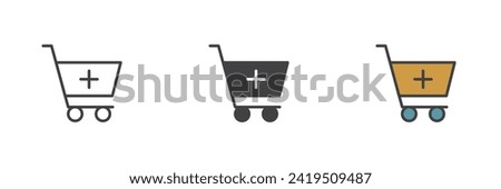 Add to Shopping Cart different style icon set. Line, glyph and filled outline colorful version, outline and filled vector sign. Trolley with plus Symbol, logo illustration. Vector graphics