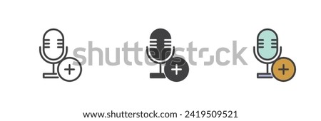 Add record different style icon set. Line, glyph and filled outline colorful version, outline and filled vector sign. Microphone with plus Symbol, logo illustration. Vector graphics