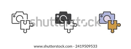 Camera with puzzle different style icon set. Line, glyph and filled outline colorful version, outline and filled vector sign. Camera add on indefication Symbol, logo illustration. Vector graphics