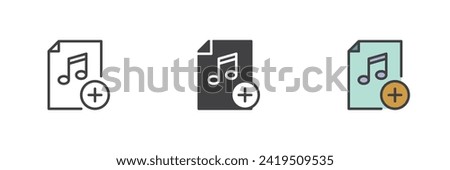 Add music file different style icon set. Line, glyph and filled outline colorful version, outline and filled vector sign. Music note with plus Symbol, logo illustration. Vector graphics