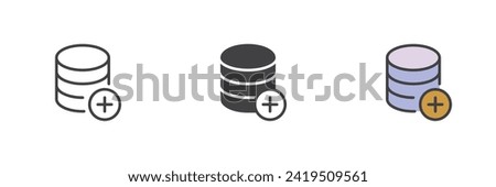 Add database different style icon set. Line, glyph and filled outline colorful version, outline and filled vector sign. Data Storage with plus Symbol, logo illustration. Vector graphics