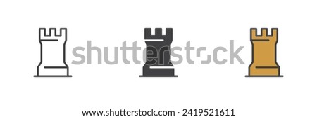 Chess rook figure different style icon set. Line, glyph and filled outline colorful version, outline and filled vector sign. Symbol, logo illustration. Vector graphics