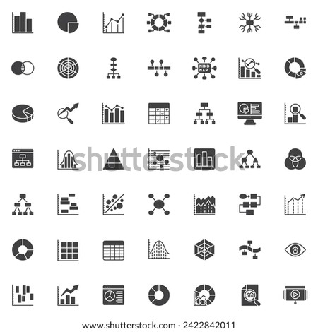 Infographics charts vector icons set, modern solid symbol collection, filled style pictogram pack. Signs, logo illustration. Set includes icons as pie chart diagram, data analysis, statistical graph