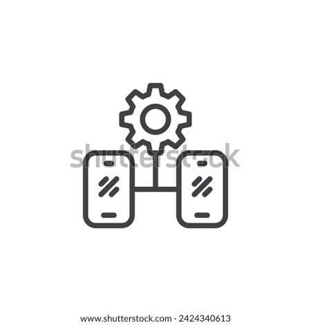 Mobile Device Management line icon. linear style sign for mobile concept and web design. Mobile devices connected to gear outline vector icon. Symbol, logo illustration. Vector graphics