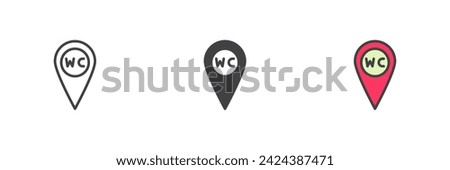 WC Toilet location different style icon set. Line, glyph and filled outline colorful version, outline and filled vector sign. Restroom or lavatory map pointer Symbol, logo