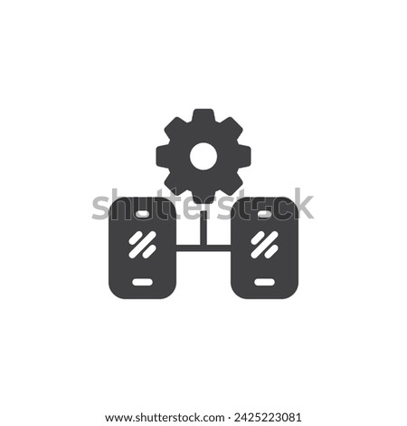 Mobile devices connected to gear vector icon. filled flat sign for mobile concept and web design. Mobile Device Management glyph icon. Symbol, logo illustration. Vector graphics