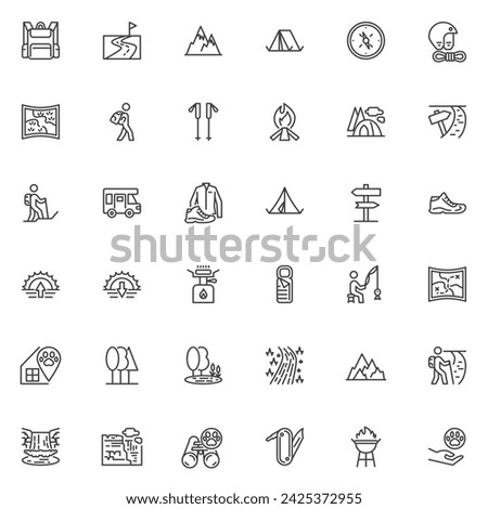 Travel outdoor line icons set. linear style symbols collection, outline signs pack. Camping and hiking vector graphics. Set includes icons as camping tent, backpacker, traveler, hiker, wildlife, trail