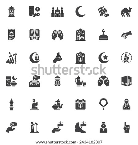 Ramadan Kareem vector icons set, modern solid symbol collection, filled style pictogram pack. Signs, logo illustration. Set includes icons as Iftar, Mosque praying, Islamic Calligraphy, Muslim woman