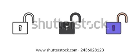 Open padlock different style icon set. Line, glyph and filled outline colorful version, outline and filled vector sign. Unlock symbol, logo illustration. Vector graphics