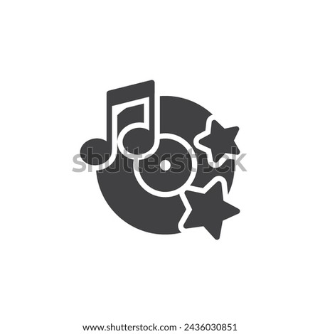 Musical note and vinyl with stars vector icon. filled flat sign for mobile concept and web design. Music Festival glyph icon. Disco party symbol, logo illustration. Vector graphics