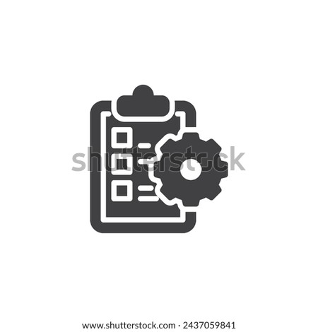 Office tasks and projects vector icon. Clipboard with gear filled flat sign for mobile concept and web design. Task Management glyph icon. Symbol, logo illustration. Vector graphics