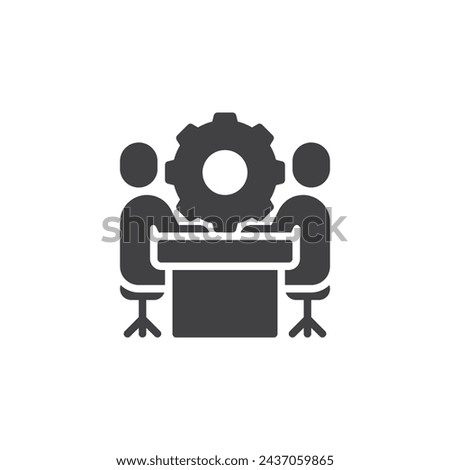 People sitting at table with gear vector icon. filled flat sign for mobile concept and web design. Team Collaboration glyph icon. Teamwork symbol, logo illustration. Vector graphics