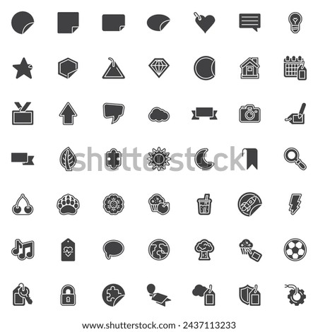 Stickers labels tags vector icons set, modern solid symbol collection, filled style pictogram pack. Signs, logo illustration. Set includes icons as price tag, circle shape badge, speech bubble, ribbon