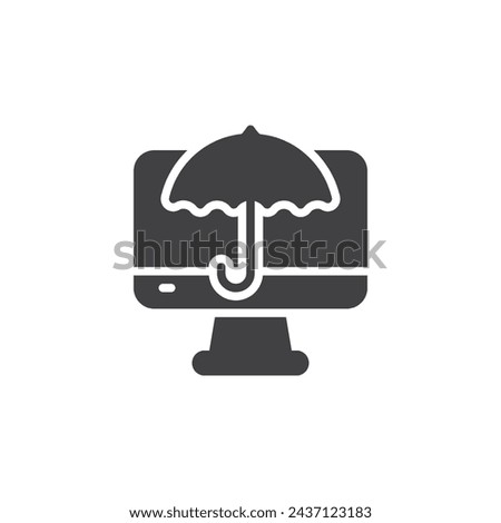 Computer monitor and umbrella vector icon. filled flat sign for mobile concept and web design. Cyber Insurance glyph icon. Symbol, logo illustration. Vector graphics