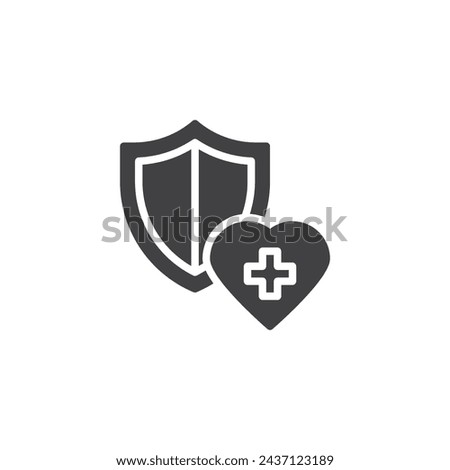 Shield with heart and medical cross vector icon. filled flat sign for mobile concept and web design. Health Insurance glyph icon. Symbol, logo illustration. Vector graphics