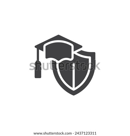 Graduation cap with a shield vector icon. filled flat sign for mobile concept and web design. Insurance Education glyph icon. Symbol, logo illustration. Vector graphics