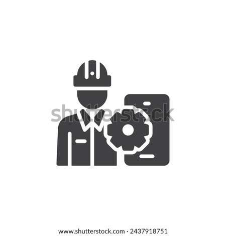 Mobile App Developer vector icon. filled flat sign for mobile concept and web design. Person with a mobile phone and gear glyph icon. Symbol, logo illustration. Vector graphics