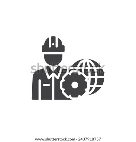 Person with a globe and gear vector icon. filled flat sign for mobile concept and web design. Network Engineer glyph icon. Symbol, logo illustration. Vector graphics