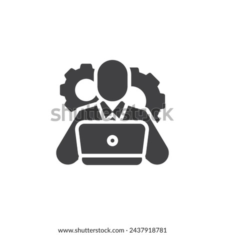 IT Manager vector icon. filled flat sign for mobile concept and web design. Person with laptop and gears glyph icon. IT management symbol, logo illustration. Vector graphics