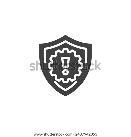 Shield with a gear and exclamation mark vector icon. filled flat sign for mobile concept and web design. Problem Prevention glyph icon. Symbol, logo illustration. Vector graphics