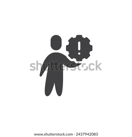 Person holding gear with exclamation mark vector icon. filled flat sign for mobile concept and web design. Risk Management glyph icon. Symbol, logo illustration. Vector graphics
