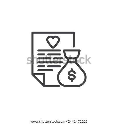 Charity Grant line icon. linear style sign for mobile concept and web design. Grant form and money bag outline vector icon. Charitable foundation symbol, logo illustration. Vector graphics