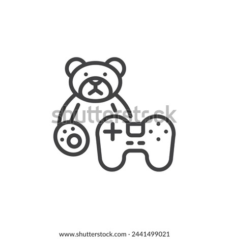 Toys and Games line icon. linear style sign for mobile concept and web design. Teddy bear toy and gamepad outline vector icon. Symbol, logo illustration. Vector graphics
