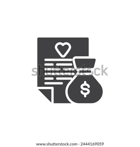 Grant form and money bag  vector icon. filled flat sign for mobile concept and web design. Charity Grant glyph icon. Charitable foundation symbol, logo illustration. Vector graphics