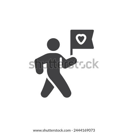 Person holding flag with heart vector icon. filled flat sign for mobile concept and web design. Charity Walk glyph icon. Symbol, logo illustration. Vector graphics