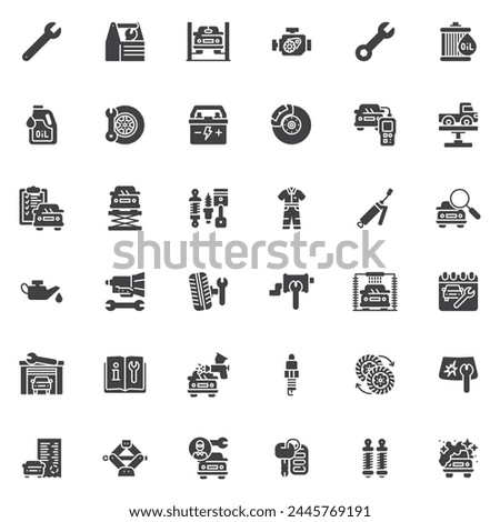 Mechanic and Repair service vector icons set, modern solid symbol collection, filled style pictogram pack. Signs, logo illustration. Set includes icons as Oil Change, Car Battery, Diagnostic Tool