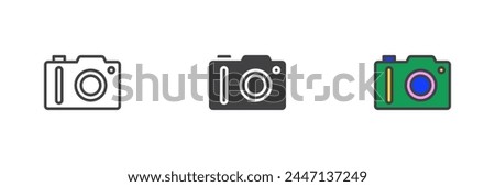 Photo camera different style icon set. Line, glyph and filled outline colorful version, outline and filled vector sign. Symbol, logo illustration. Vector graphics