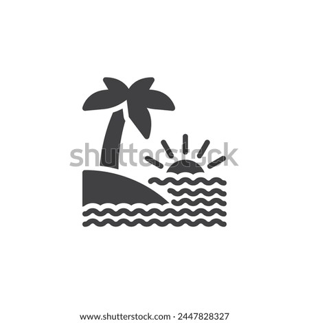 Palm tree, sea waves and sun vector icon. filled flat sign for mobile concept and web design. Tropical beach sunset glyph icon. Symbol, logo illustration. Vector graphics