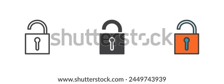 Unlocked padlock different style icon set. Line, glyph and filled outline colorful version, outline and filled vector sign. Open lock symbol, logo illustration. Vector graphics